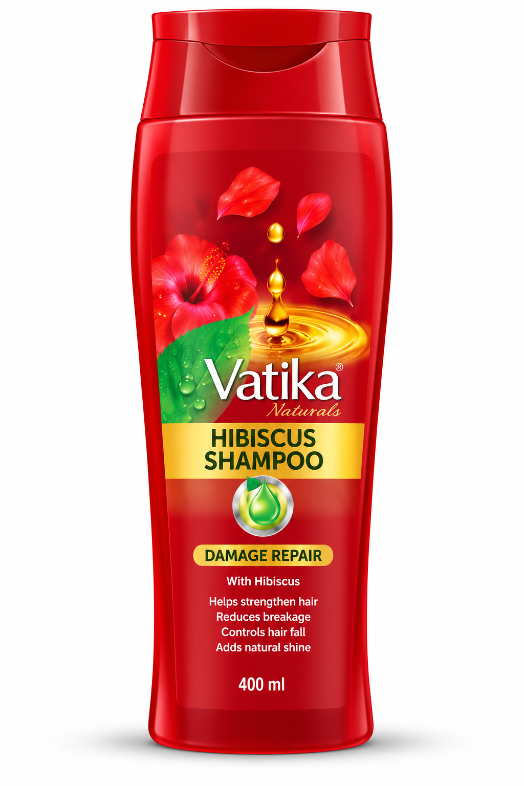 Vatika Naturals Hibiscus Shampoo 400ml bottle featuring glossy red packaging, a red cap, the Vatika Naturals logo, and illustrations of red hibiscus flowers, green leaves, and golden oil droplets. The front label displays Hibiscus Shampoo and Damage Repair branding, presented upright against a clean white background.