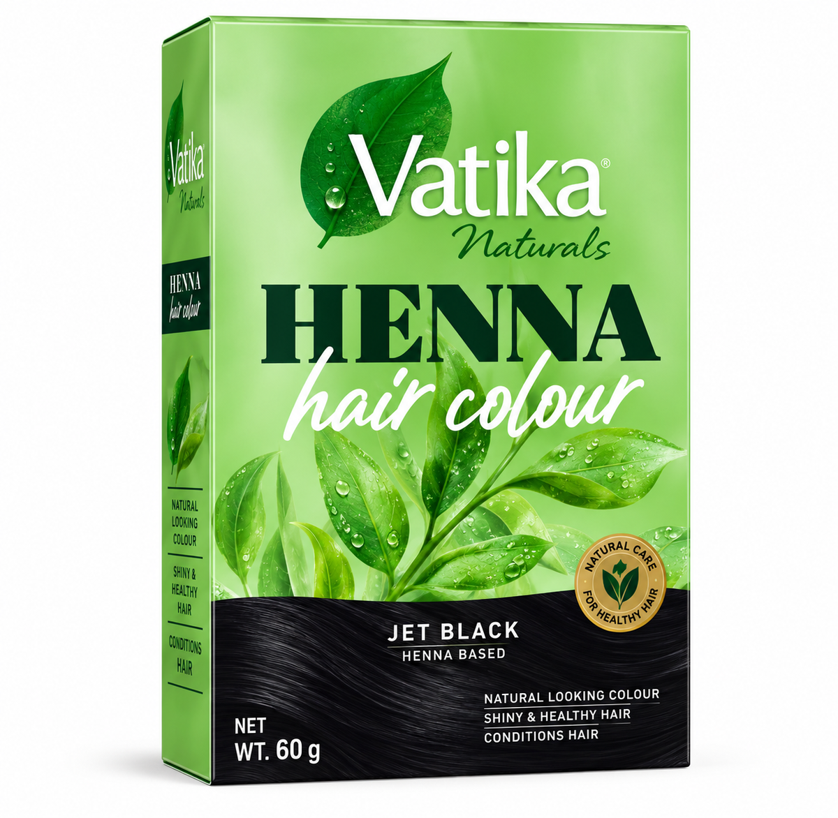 Vatika Naturals Jet Black Henna Hair Colour 60g in green packaging with leafy botanical graphics, Vatika branding and a black label highlighting jet black henna-based hair colour.