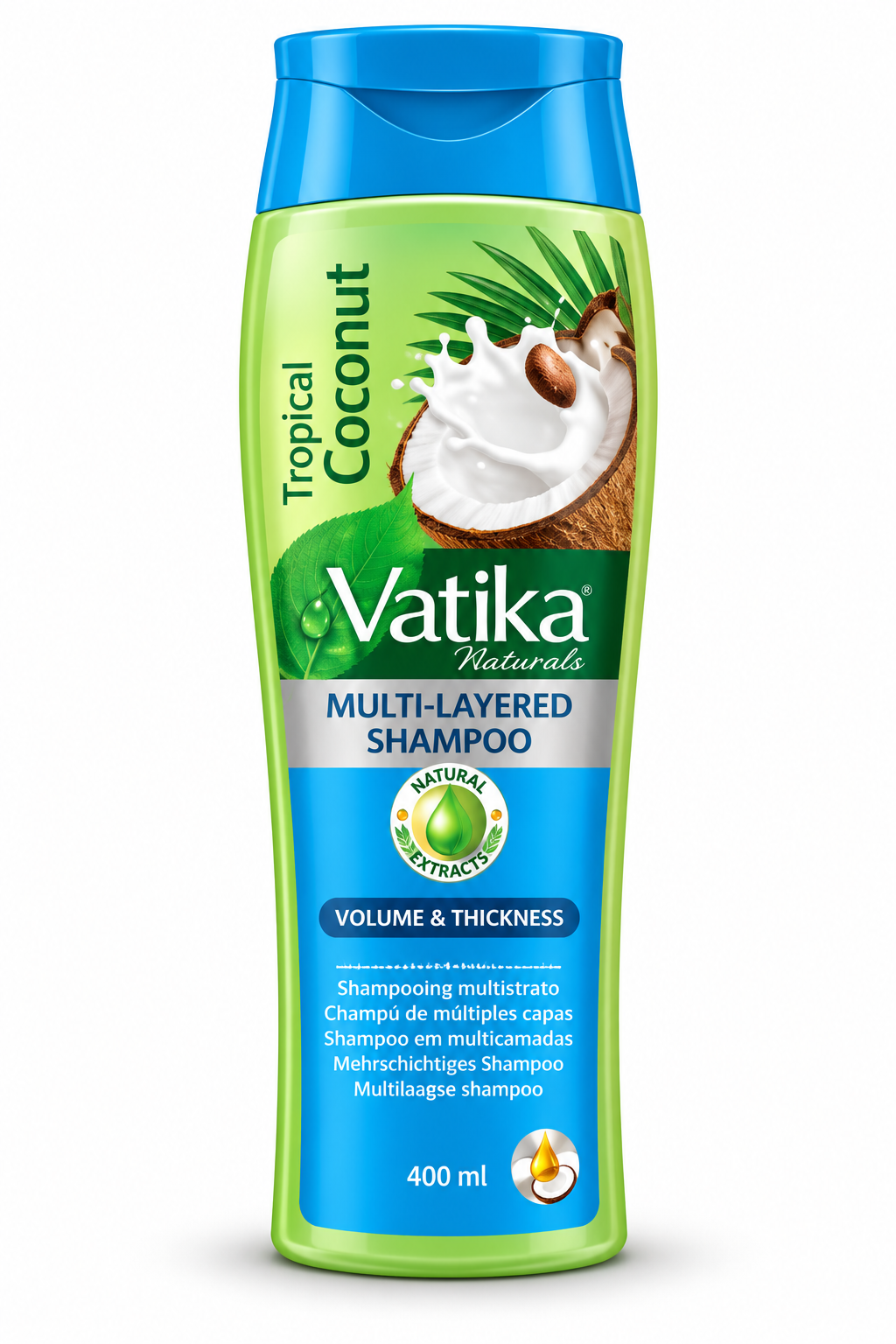 Vatika Naturals Coconut Shampoo 400ml bottle featuring vibrant blue and light green packaging, a matching blue cap, the Vatika Naturals logo, and illustrations of fresh coconut halves, white coconut flesh, and green palm leaves. Displayed upright against a clean white background, highlighting the coconut extract shampoo designed to help improve hair volume and thickness.