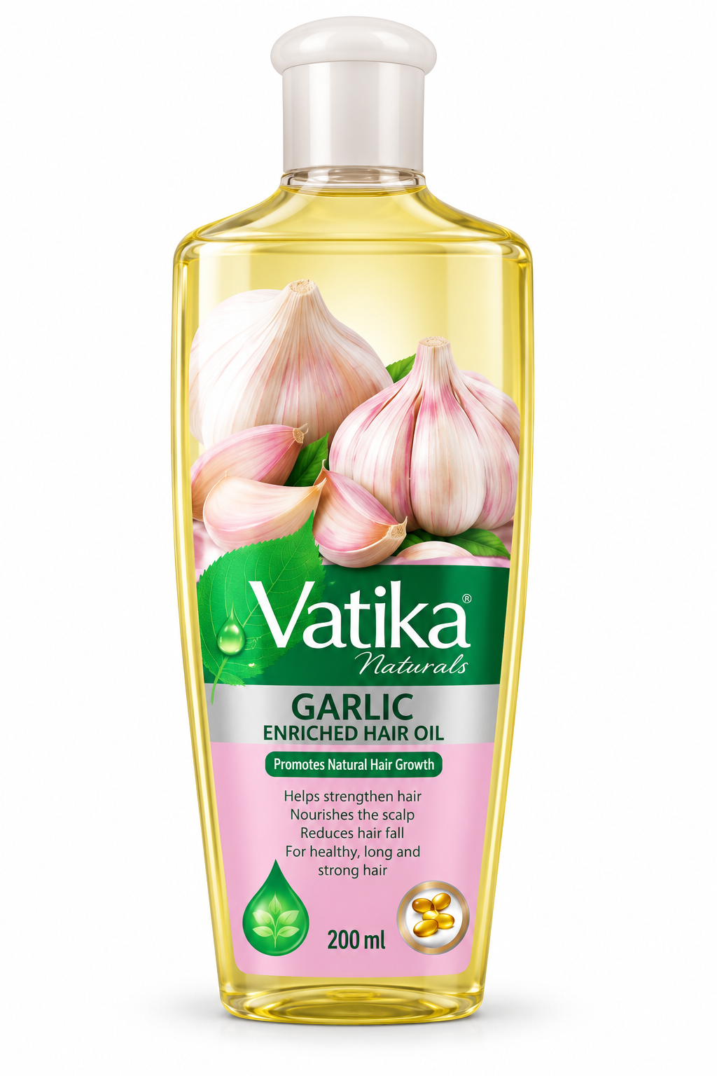 Vatika Naturals Garlic Hair Oil 200ml bottle featuring a transparent container filled with pale golden hair oil, a white cap, the Vatika Naturals logo, and a pink and green label decorated with fresh garlic bulbs, garlic cloves, and vibrant green leaves. Displayed upright against a clean white background, highlighting garlic-enriched hair oil for nourishing the scalp, strengthening hair, and promoting healthy, strong-looking hair.