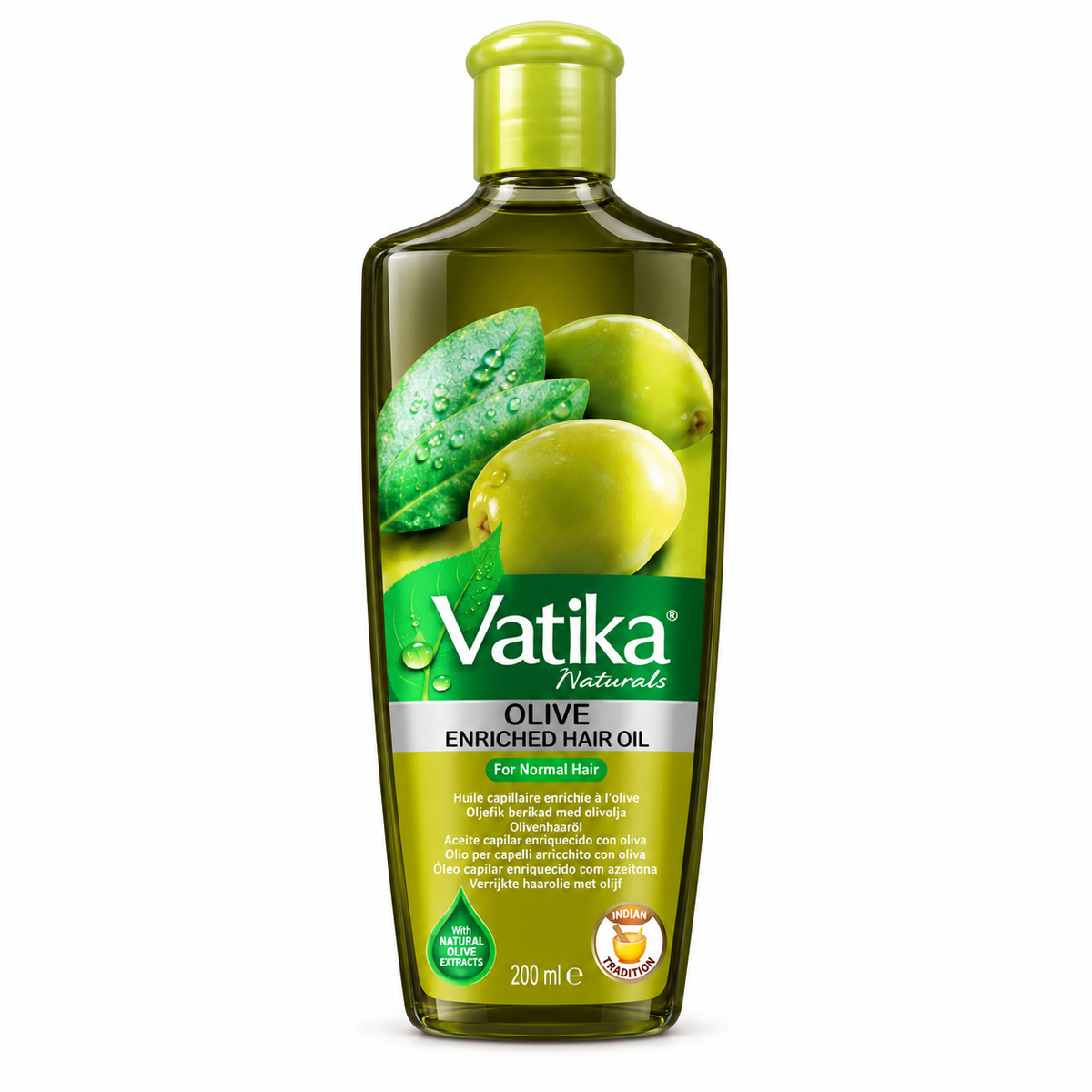 Vatika Naturals Olive Enriched Hair Oil 200ml bottle with olive extracts, displayed on a clean white background.