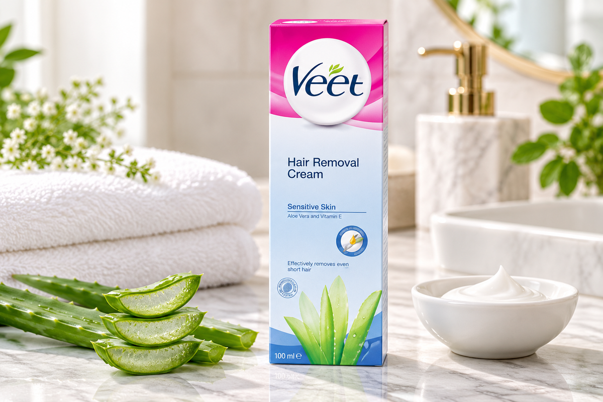 Veet Hair Removal Cream 100ml box displayed upright on a polished marble bathroom countertop, featuring pink and pale blue packaging, the Veet logo, hair removal cream branding, and green aloe vera illustrations. Fresh aloe vera slices, a white bowl of cream, neatly folded towels, green plants, and elegant bathroom accessories create a bright, spa-inspired setting. This skincare lifestyle image showcases Veet hair removal cream as part of a convenient at-home personal care and beauty routine.