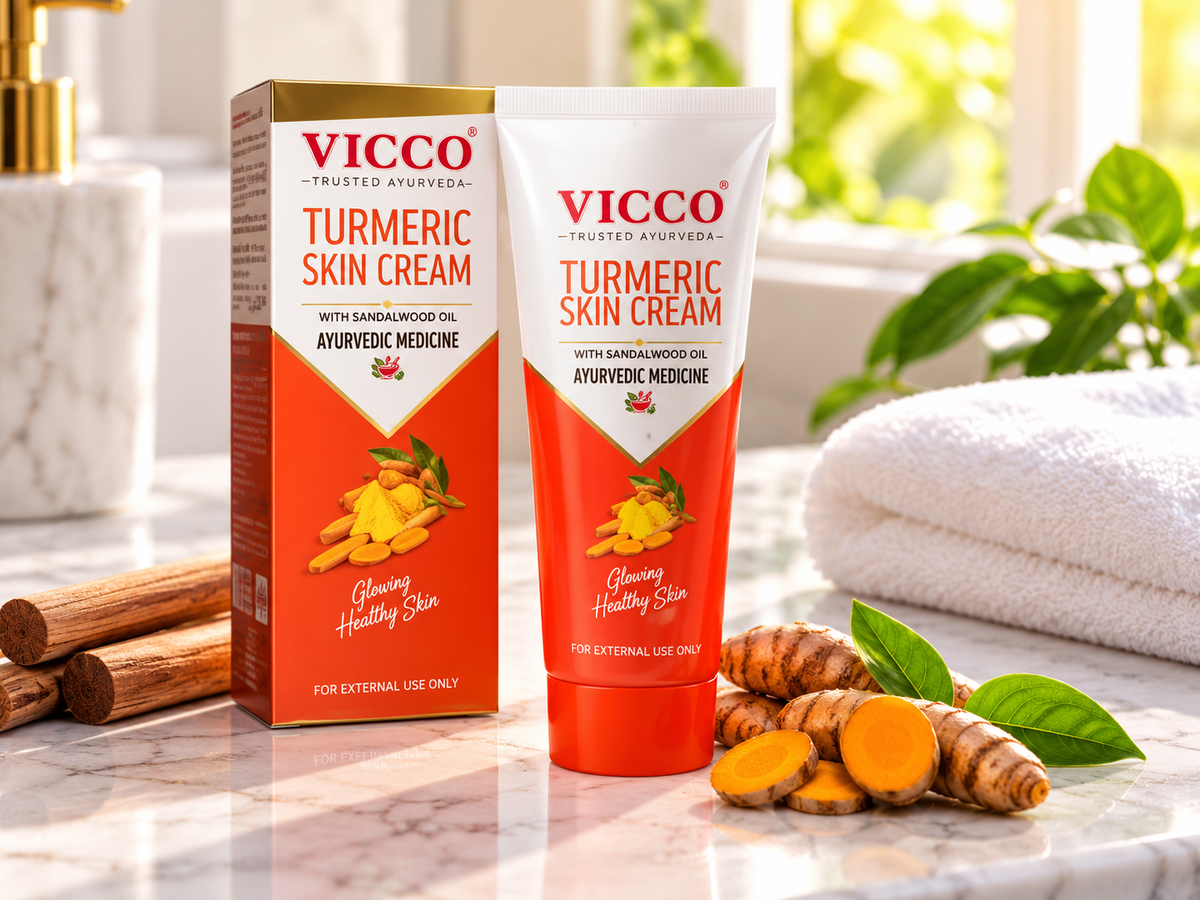 Vicco Turmeric Skin Cream tube and box displayed on a marble bathroom counter with fresh turmeric roots, green leaves and a soft white towel in a bright, natural setting.