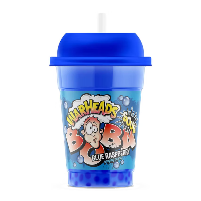Warheads Sour Boba Blue Raspberry 400ml bottle with tangy blue raspberry flavor and chewy boba pearls, offering a sour and sweet drink experience.