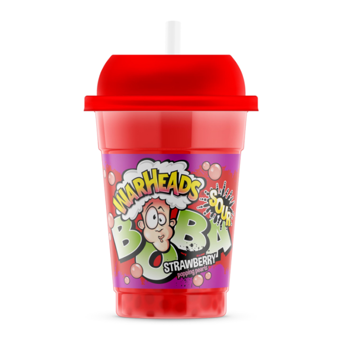 Warheads Sour Boba Strawberry 400ml bottle featuring tangy strawberry flavor and chewy boba pearls, delivering a sour and sweet drink experience.