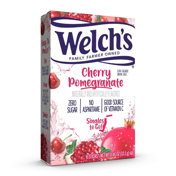 Welch's Singles To Go Cherry Pomegranate Drink Mix packets, showcasing the convenient individual serving size for on-the-go hydration.