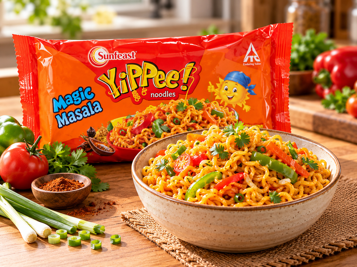 Sunfeast YiPPee! Magic Masala Noodles 280g packet displayed beside a bowl of masala noodles with fresh tomatoes, green peppers, spring onions and coriander.