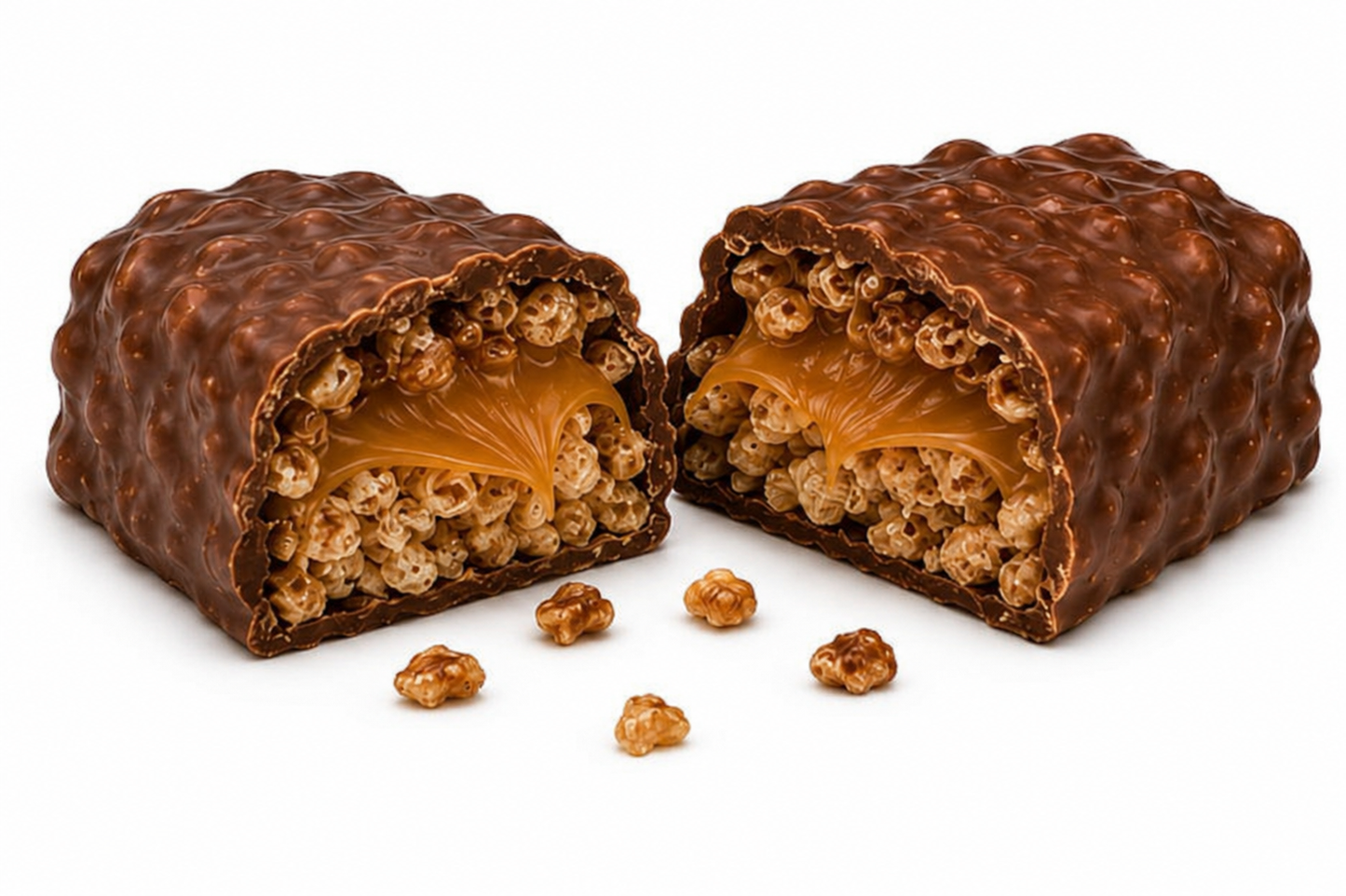 Close-up of a 100 Grand chocolate bar cut in half, revealing rich caramel, crispy rice, and milk chocolate layers.