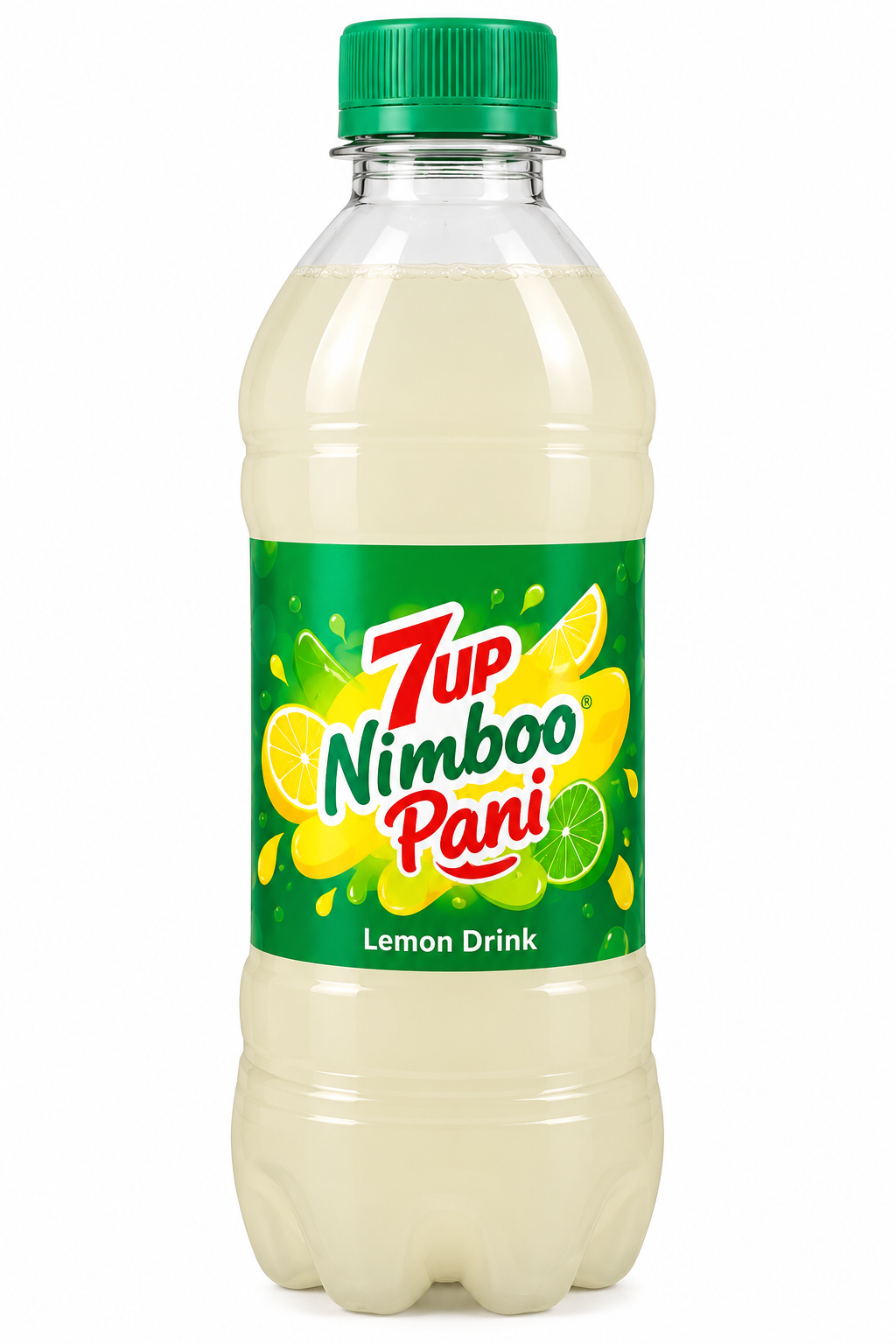 7UP Nimboo Pani lemon drink 250ml in a clear plastic bottle with a green cap and green label featuring lemon and lime illustrations.