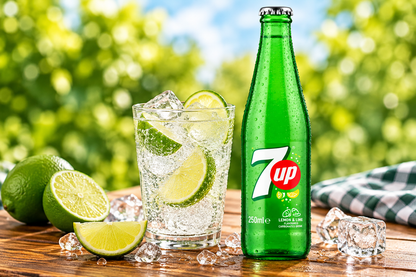7UP 250ml green glass bottle beside a glass of chilled lemon-lime fizzy drink with ice cubes and fresh lime slices
