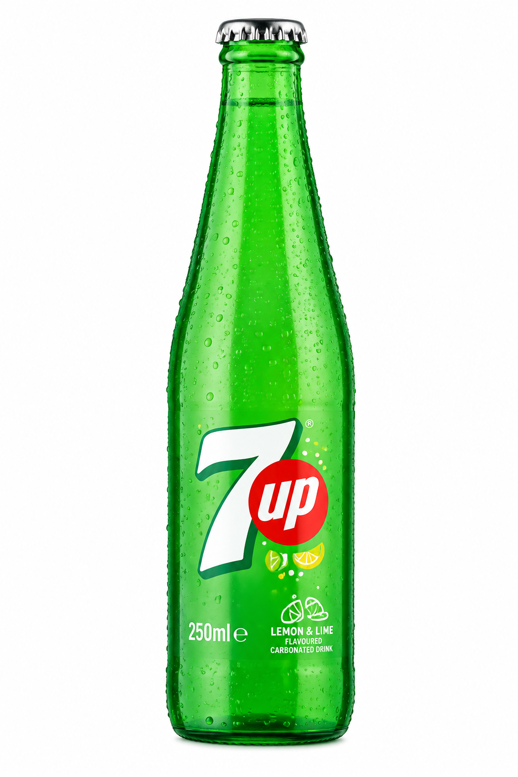 7UP Lemon & Lime 250ml green glass bottle with silver cap and iconic 7UP branding on a clean white background.