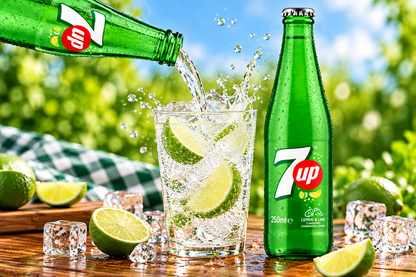 7UP lemon-lime soft drink being poured into an ice-filled glass with fresh lime slices, sparkling droplets and a chilled green bottle.