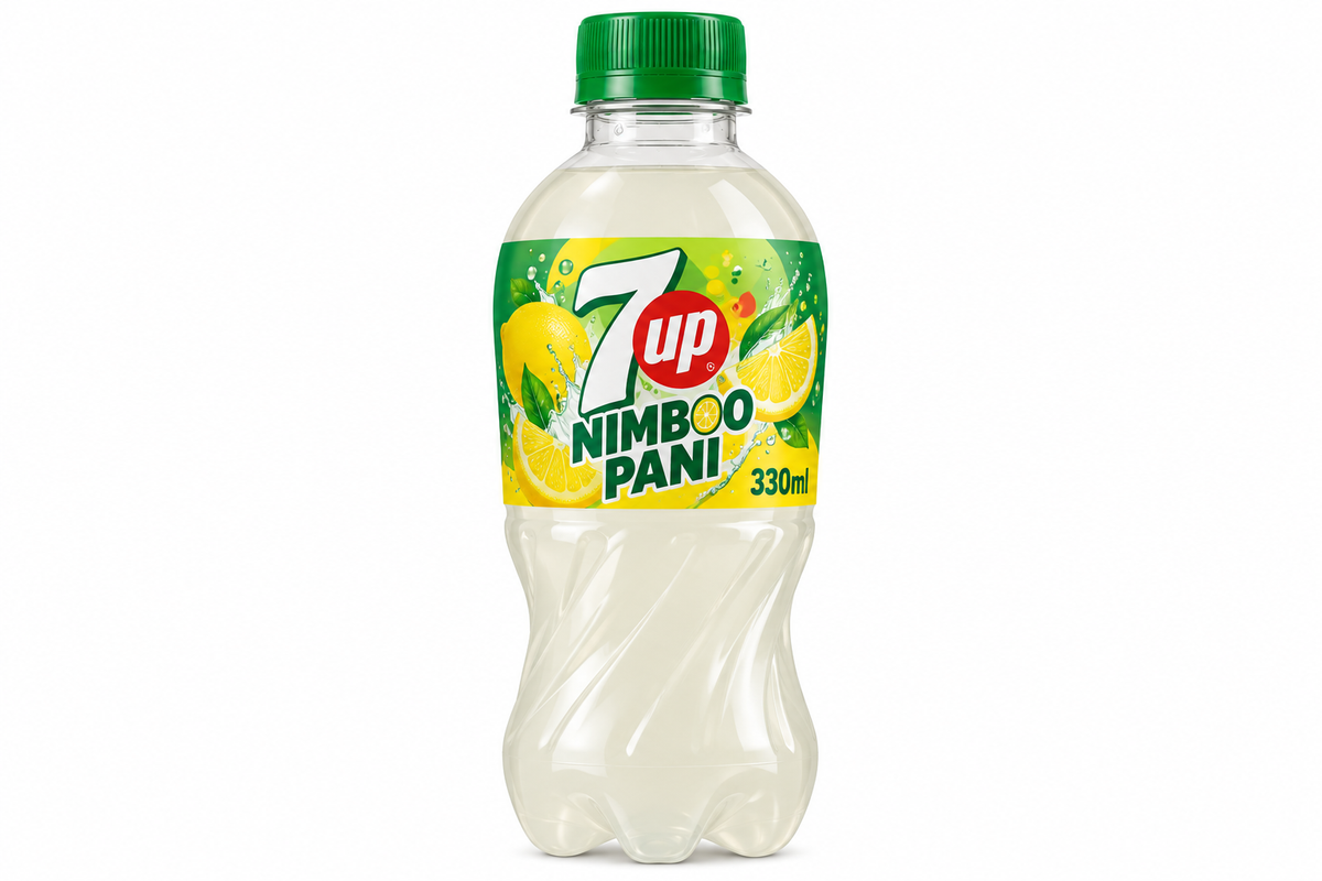 7UP Nimboo Pani 330ml plastic bottle featuring a green cap, green and yellow label, fresh lemon slices, and the 7UP logo with Nimboo Pani branding.