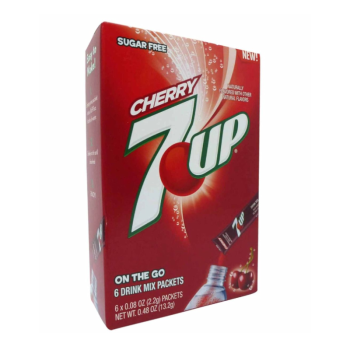 7Up Singles To Go Cherry Drink Mix, 0.48 oz (13.2 g) each, individual powdered drink mix packets.