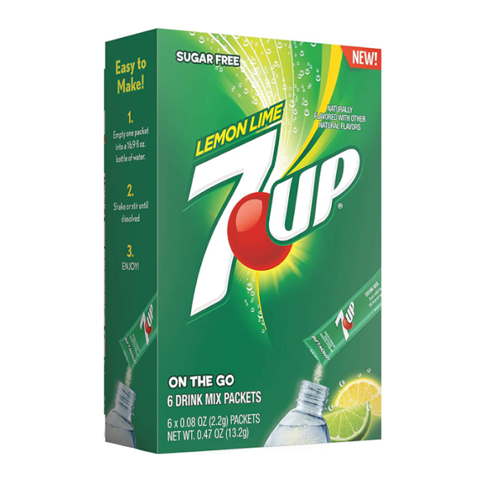 7Up Singles To Go Lemon Lime Drink Mix,  0.48 oz (13.2 g) per packet, single-serve powdered drink mix.