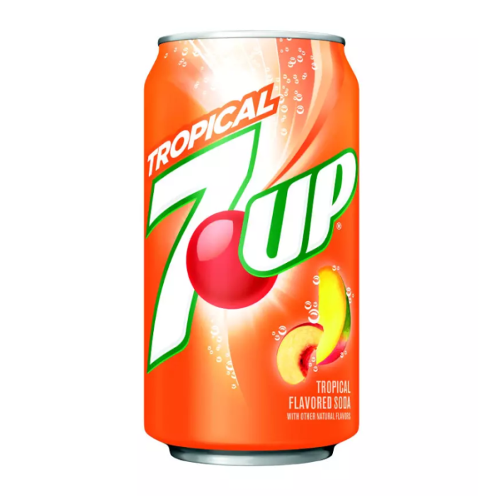 7UP Tropical 12oz can showing tropical fruit-themed packaging