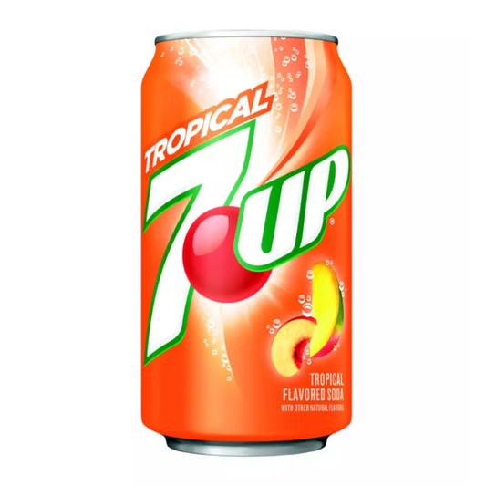 7UP Tropical 12oz can showing tropical fruit-themed packaging