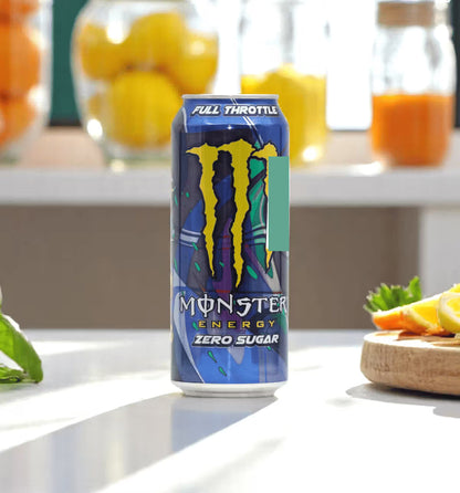 A 500ml can of Monster Zero Full Throttle energy drink, featuring a sleek design with bold graphics. The can is predominantly black with yellow accents, showcasing the Monster Energy logo and the "Zero Full Throttle" label. This sugar-free energy drink offers a refreshing citrus flavor, packed with caffeine, taurine, and B-vitamins for an energy boost without the sugar.