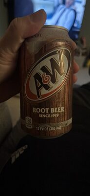 A&W Root Beer Flavoured Soda in a brown can with cream-coloured logo design.