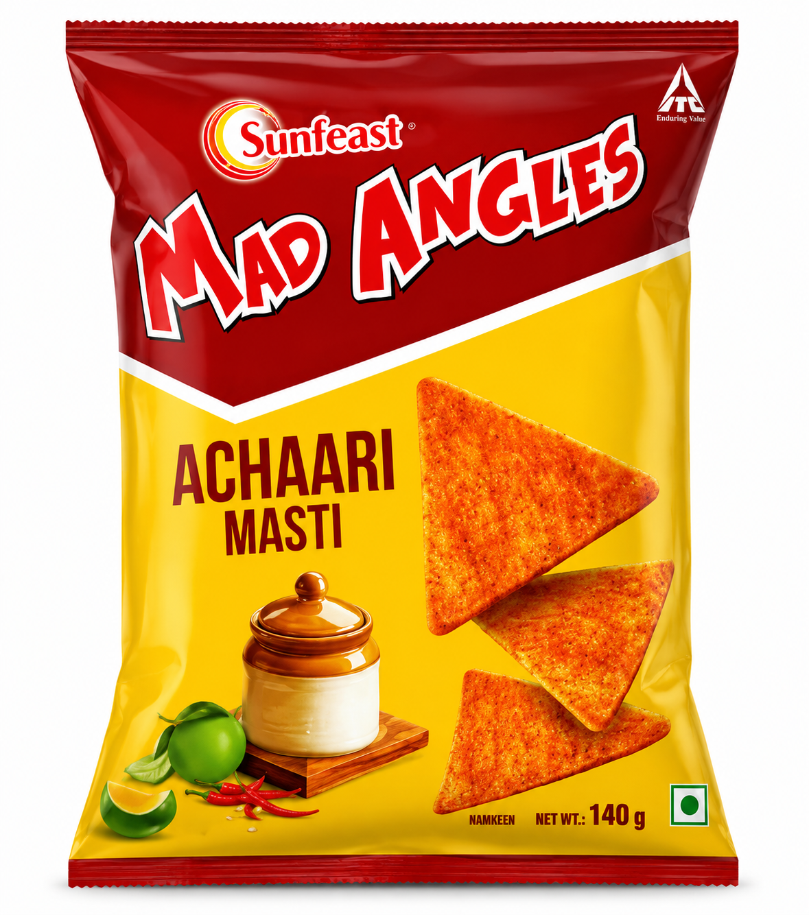 A 140g bag of Sunfeast Mad Angles Achaari Masti tortilla chips, featuring a bright yellow and red packaging design with illustrations of lime, chili, and a ceramic jar.