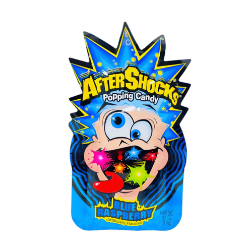 AfterShocks Blue Raspberry popping candy crystals spilling from pack