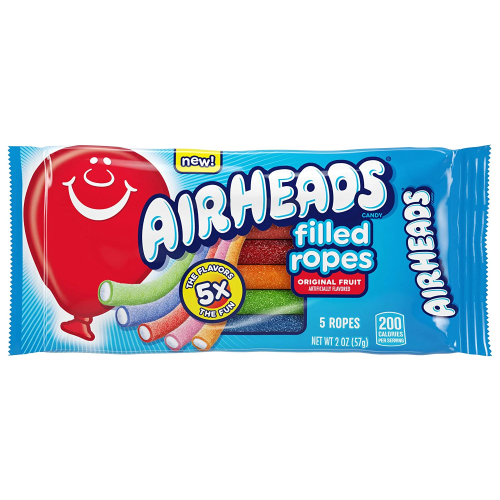Airheads Filled Ropes 57 g bag with colorful chewy candy ropes, each containing a tangy white-filled center, displayed spilling from vibrant packaging