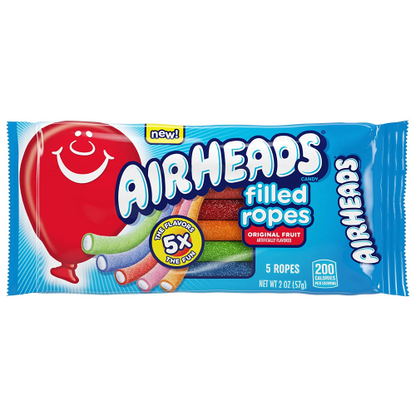 Airheads Filled Ropes 57 g bag with colorful chewy candy ropes, each containing a tangy white-filled center, displayed spilling from vibrant packaging
