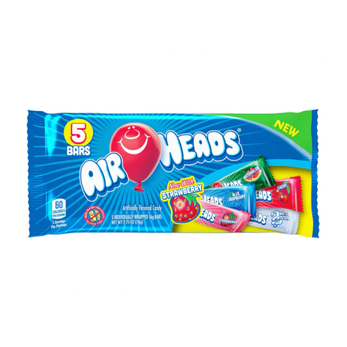 A pack of Airheads Bars Assorted Flavours (78g), featuring five colorful, chewy candy bars in a variety of fruity flavors like cherry, watermelon, and blue raspberry.