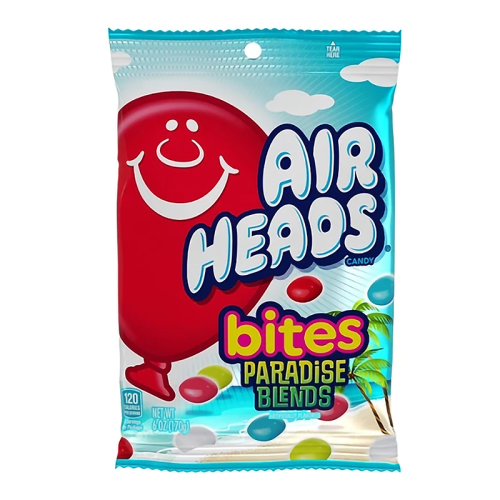 Airheads Bites Paradise Blends 170 g bag, colorful bite-sized chewy candies with tropical fruit flavors, shown spilling out of bright, vibrant packaging.
