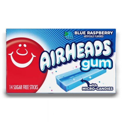 Airheads Blue Raspberry Gum pack with bright blue wrapper on a white background.