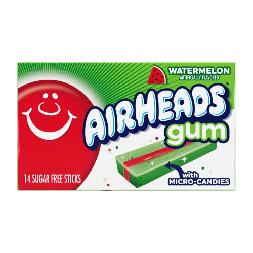A pack of Airheads Watermelon Gum, featuring a sweet and refreshing watermelon flavor in a convenient, easy-to-carry pack of individually wrapped gum.