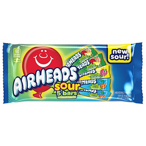 Close-up of Airheads Singles Assorted SOURS 5-bar pack with bright packaging