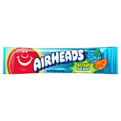 Airheads Sour Blue Blast candy bar in bright blue wrapper, chewy sour blue raspberry candy with vibrant color and fun, bold flavor, shown against a plain background