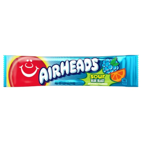 Airheads Sour Blue Blast candy bar in bright blue wrapper, chewy sour blue raspberry candy with vibrant color and fun, bold flavor, shown against a plain background