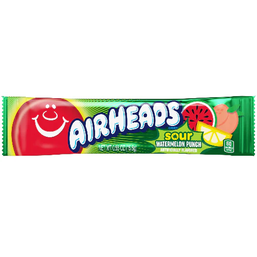 Airheads Sour Watermelon Punch candy bar in bright pink and green wrapper, chewy sour watermelon-flavored candy with bold, tangy taste, shown against a plain background.