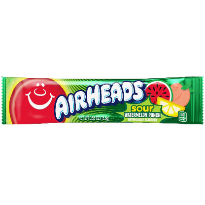Airheads Sour Watermelon Punch candy bar in bright pink and green wrapper, chewy sour watermelon-flavored candy with bold, tangy taste, shown against a plain background.