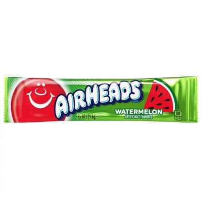 Airheads Watermelon candy bar in bright pink and green wrapper, chewy watermelon-flavored taffy with soft texture, shown on a plain background.