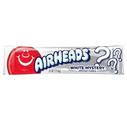 Airheads White Mystery candy bar in sleek white wrapper, chewy mystery-flavored taffy with fruity taste and soft texture, displayed on a plain background
