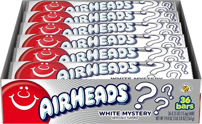 Airheads White Mystery candy bar in sleek white wrapper, chewy mystery-flavored taffy with fruity taste and soft texture, displayed on a plain background