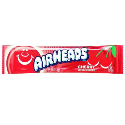 Airheads Cherry flavor candy displayed with wrapper and taffy side by side.