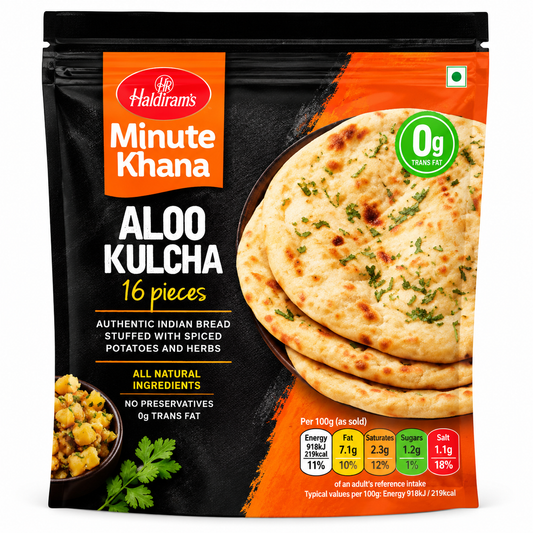 Haldiram’s Minute Khana Aloo Kulcha featuring Indian flatbreads stuffed with spiced potatoes and herbs in black and orange packaging.