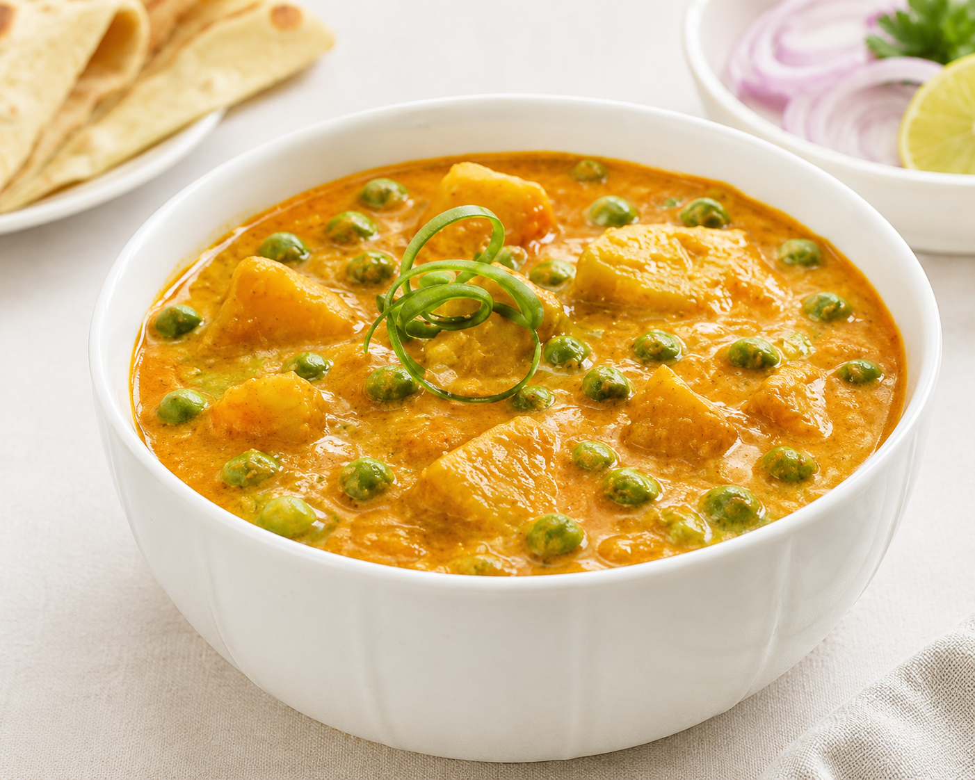 A white ceramic bowl filled with an orange-yellow curry containing chunks of potato and green peas, garnished with a thin green onion slice. The bowl is set on a light surface with a plate of flatbread and sliced onions in the background.