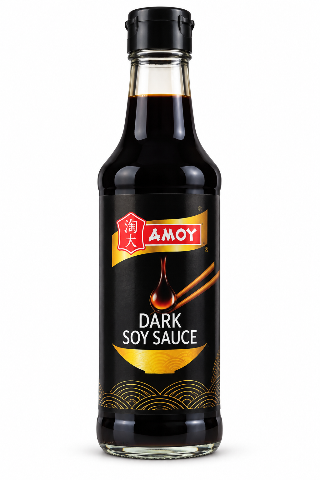 Amoy Dark Soy Sauce 150ml glass bottle with a black cap and black-and-gold label, featuring rich dark soy sauce and traditional Asian-inspired packaging.