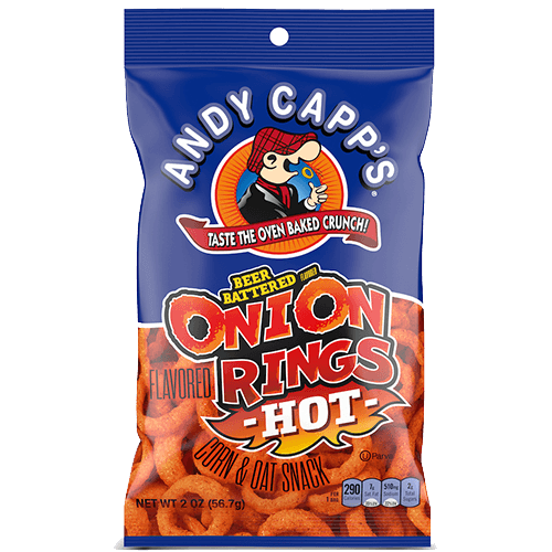 Spicy onion ring shaped corn snack by Andy Capp’s