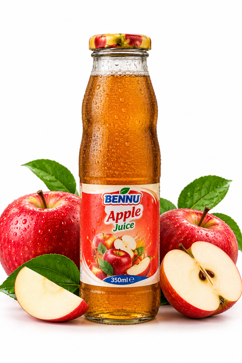 BENNU Apple Juice 350ml single glass bottle with red apple label, golden apple juice and fruit illustrations on a plain white background.