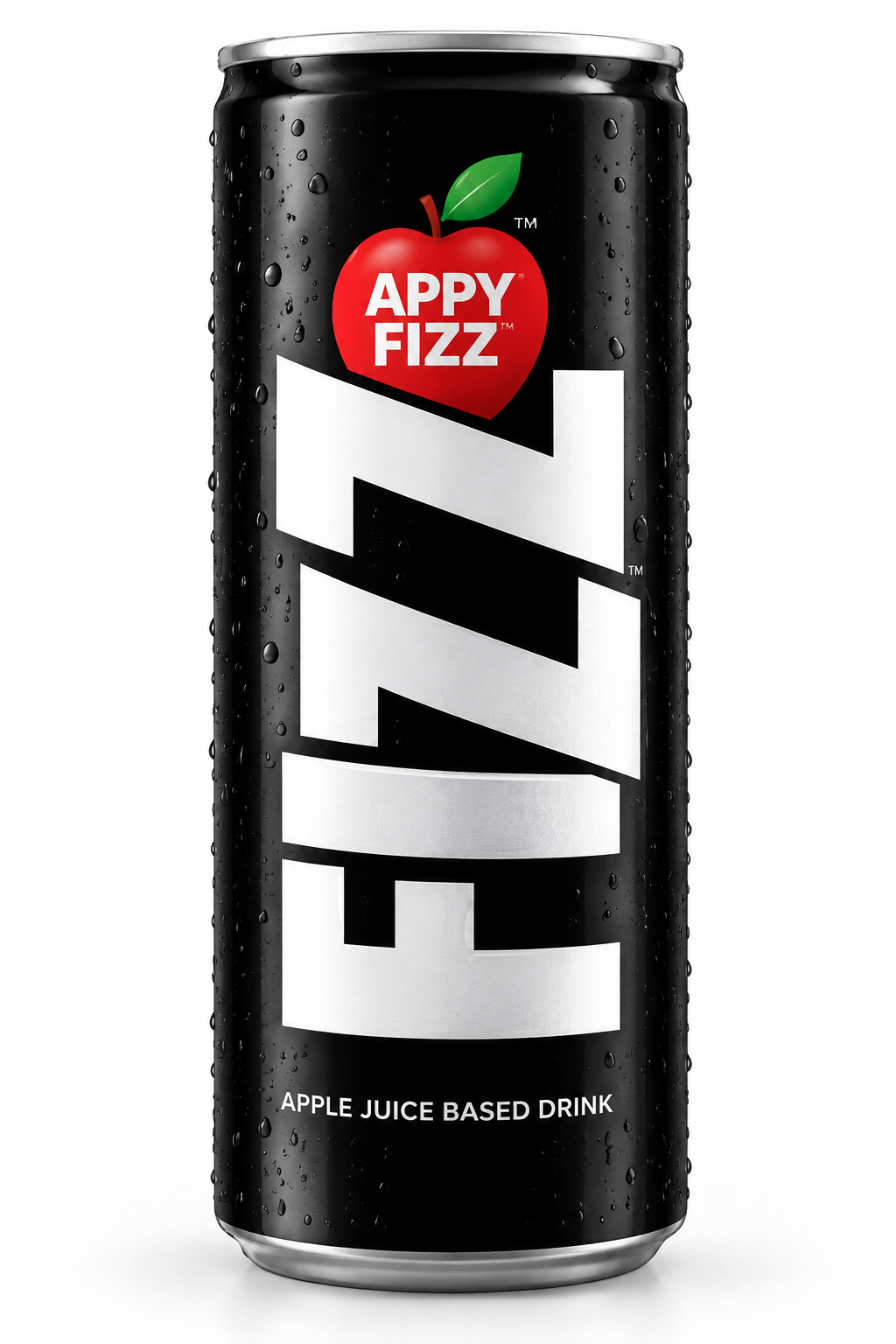 Appy Fizz apple juice-based fizzy drink in a glossy black 250ml can, featuring a red apple logo, bold silver FIZZ lettering and condensation droplets.