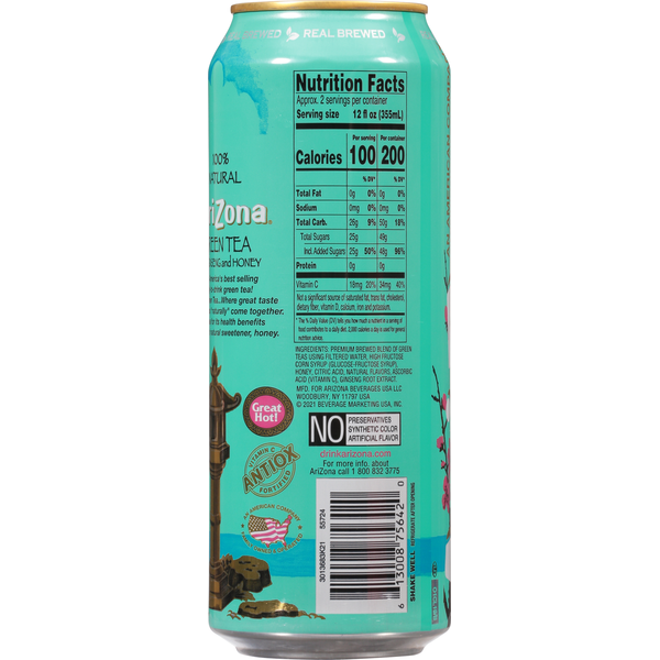 AriZona Original Green Tea with Honey in a 500 ml turquoise can, adorned with delicate pink cherry blossoms and golden text reading "Green Tea with Honey." The design has a refreshing, floral aesthetic.