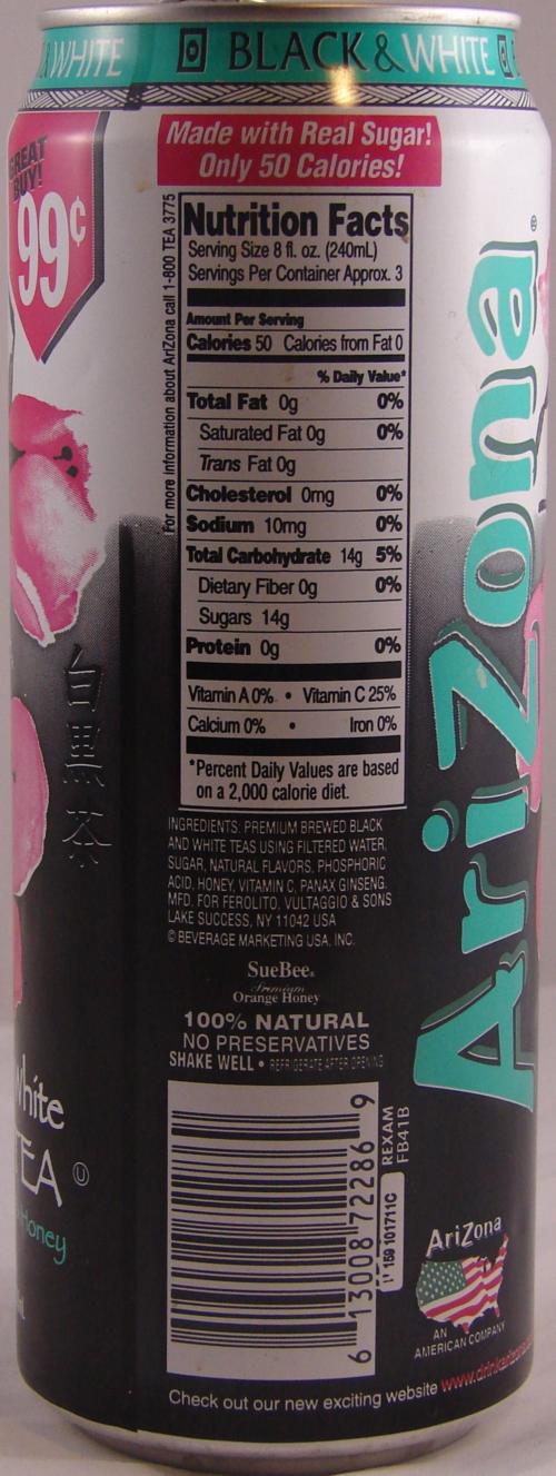 Arizona Premium Black & White Tea Drink, Lightly Sweetened