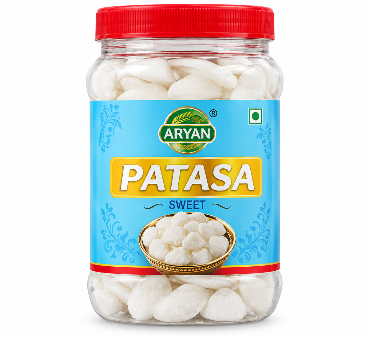 Aryan Sweet Patasa 400g in a clear plastic jar with a red lid and blue label, containing traditional white Indian sugar sweets.