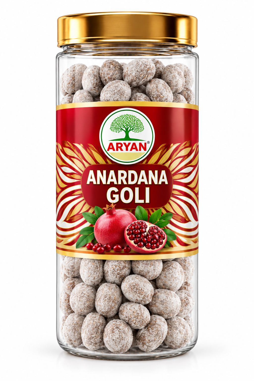 Aryan Anardana Goli 160g in a transparent jar with a gold lid and red-and-gold label, filled with pale sugar-coated anardana candies and featuring fresh pomegranate imagery.